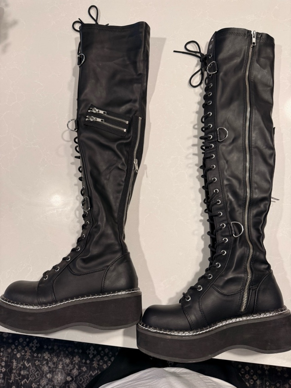Demonia Emily-377 Black Over-The-Knee Lace-Up Platform Boots